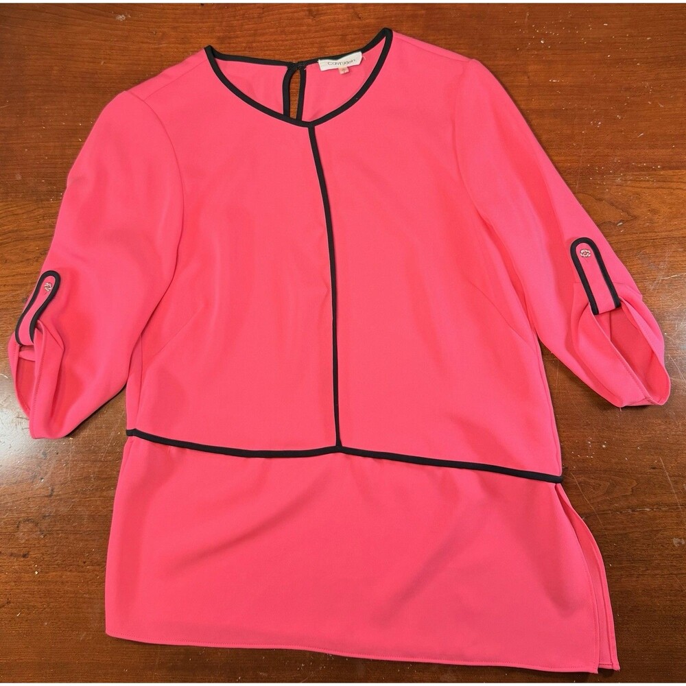 Calvin Klein Pink Blouse Top S Black Trim Layered Tunic Keyhole 3/4 Sleeve